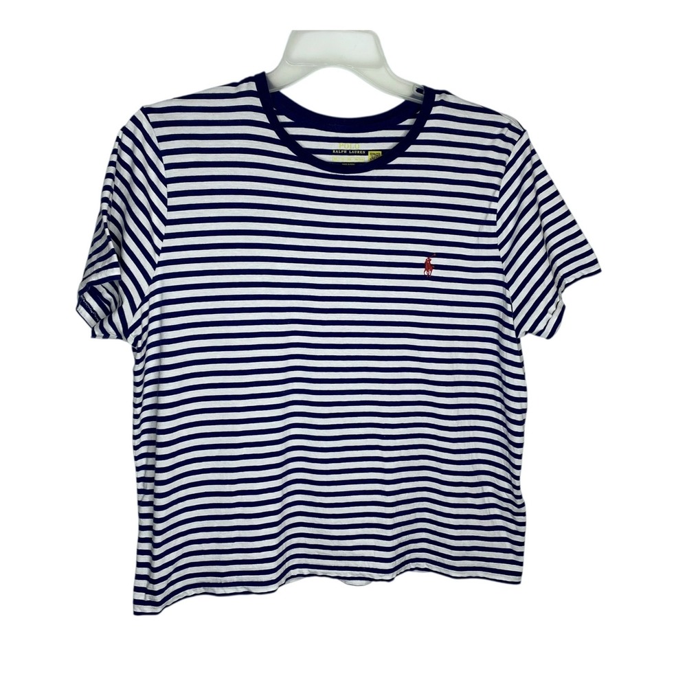 Polo Ralph Lauren Women XXL Navy White Striped Short Sleeve Cotton T-Shirt Logo